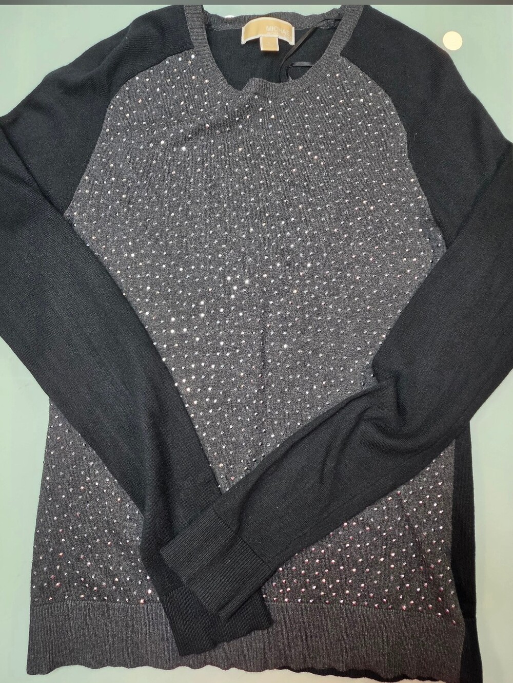MICHAEL Michael Kors Black and Charcoal Studded Crewneck Sweater L